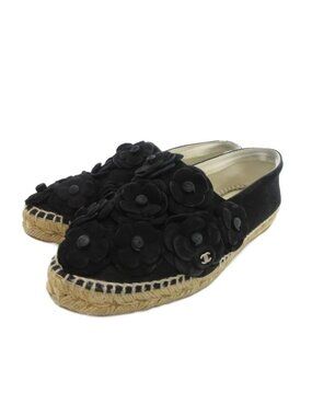 Chanel Camellia Suede Espadrille Slip-on Shoes 38 Black UO GY18